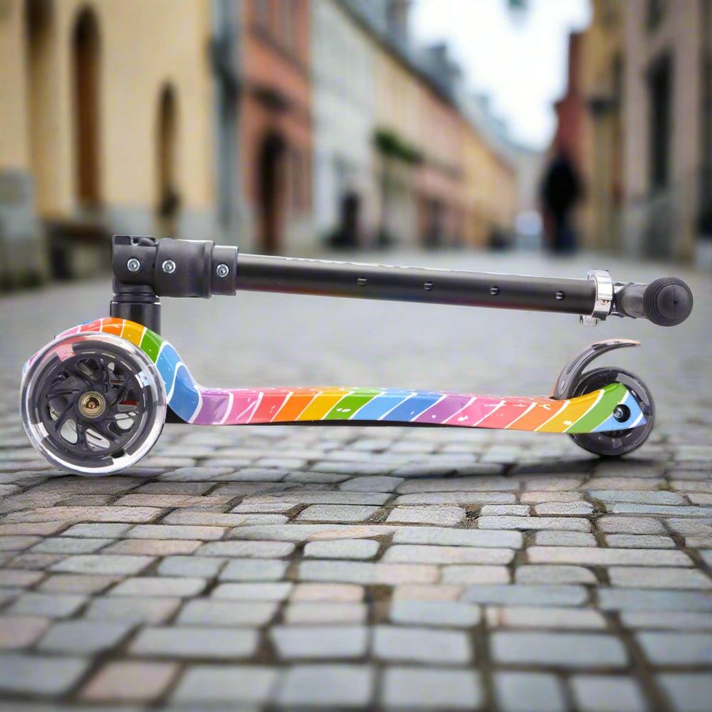 Colourful scooter folded into its portable position