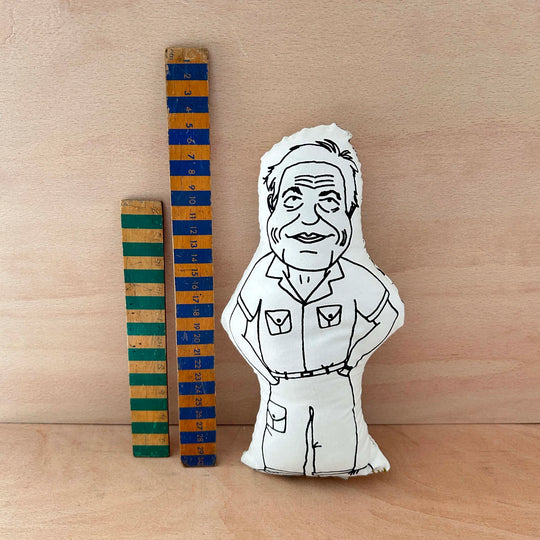 Screen printed doll cushion of David Attenborough next to two wooden rulers against a wooden background