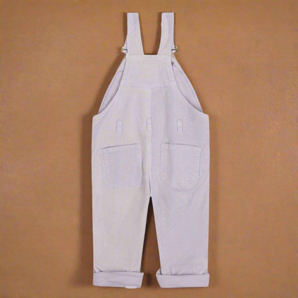 Light lilac corduroy dungarees from the back showing two pockets on the rear