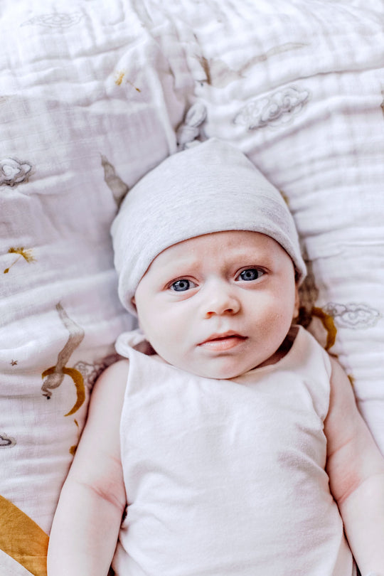 Organic Cotton Bandana Bib, Mitten & Hat Set - Grey Erawan Print