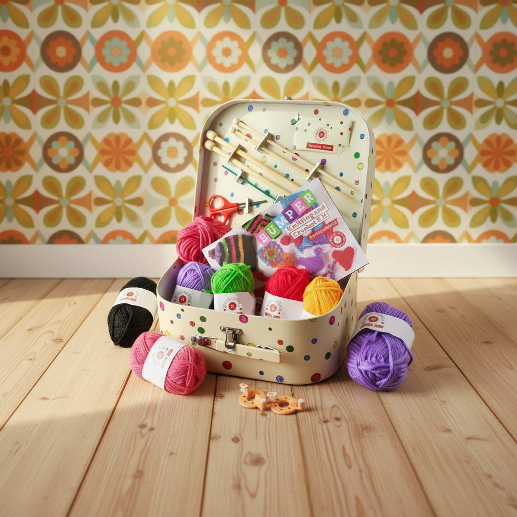 A suitcase-style knitting and crochet kit with colorful yarns, bamboo knitting needles, a crochet hook, scissors, and other crafting tools displayed.