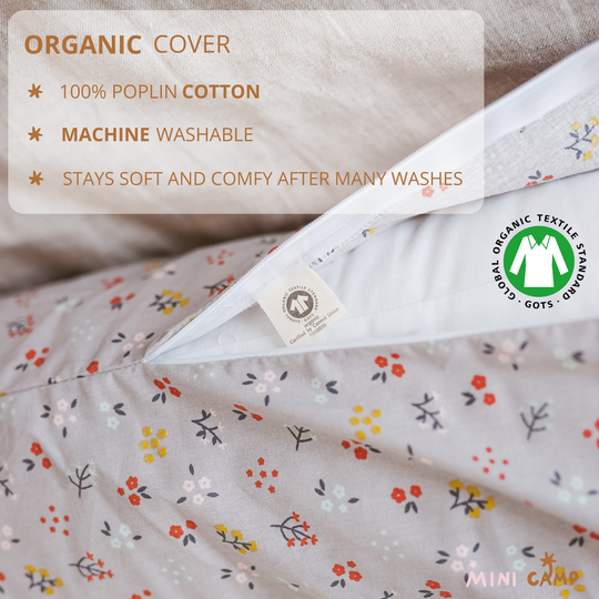 Close up of floral-patterned organic cover with text about material and care, featuring a GOTS logo.