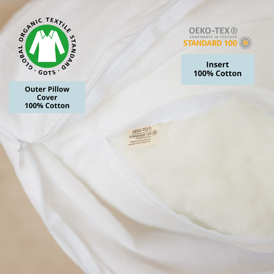 White pillow with labels indicating 100% cotton composition and OEKO-TEX certification.