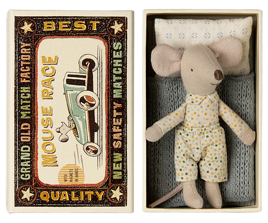 Maileg | Matchbox Mouse - Little Sibling In Spotty Clothes with Blue Blanket