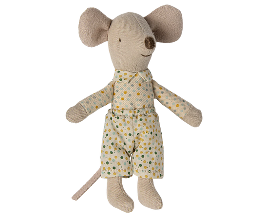 Maileg | Matchbox Mouse - Little Sibling In Spotty Clothes with Blue Blanket