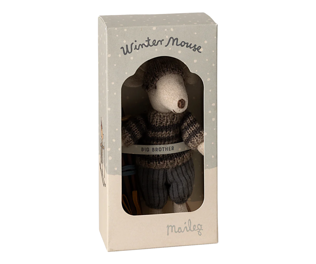 Maileg | Winter Mouse - Big Sibling With Striped Grey Jumper