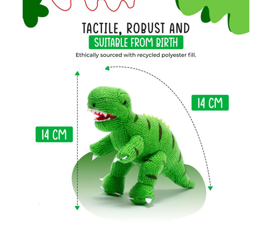 Knitted Baby Rattle - Green T-Rex