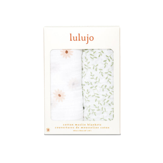 Lulujo - 2 Pack Cotton Swaddles - Daisy / Greenery (100cm x100cm)