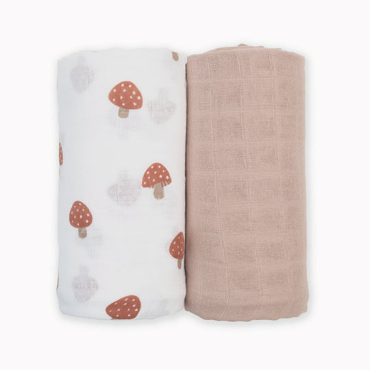 2 Pack Cotton Swaddles - Mushrooms / Sand