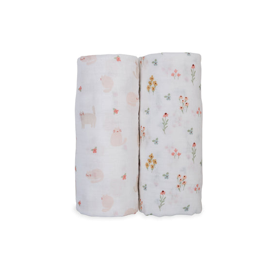 2 Pack Cotton Swaddles - Kitty Cat / Flower Field
