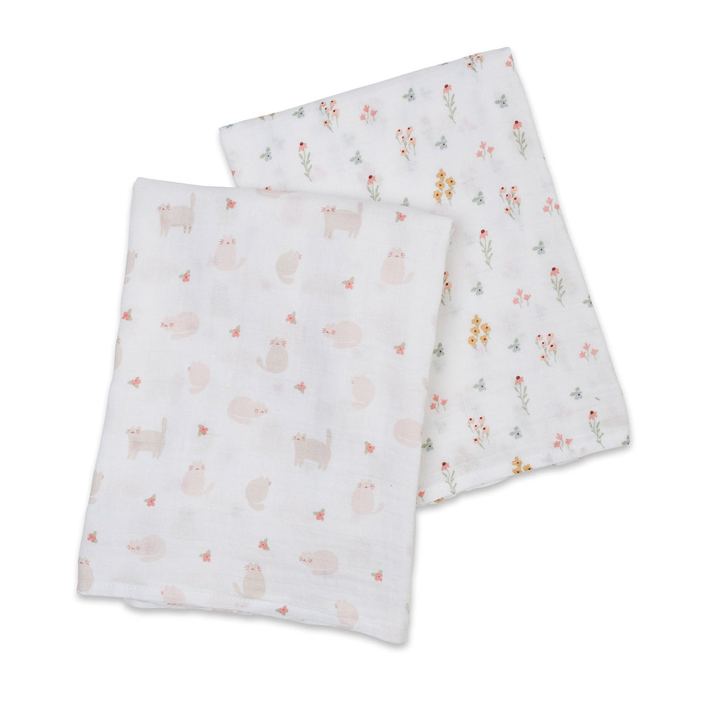 2 Pack Cotton Swaddles - Kitty Cat / Flower Field