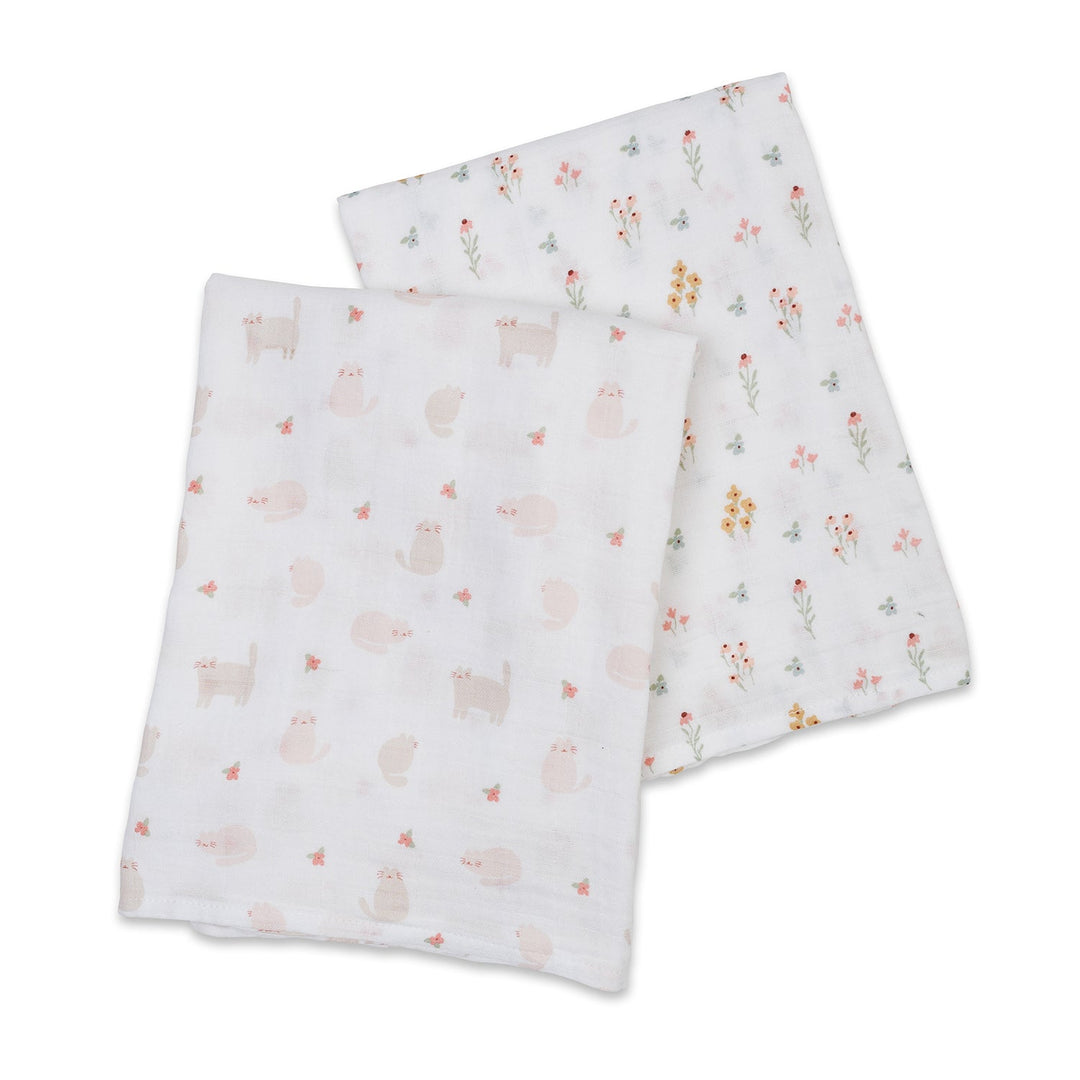 2 Pack Cotton Swaddles - Kitty Cat / Flower Field