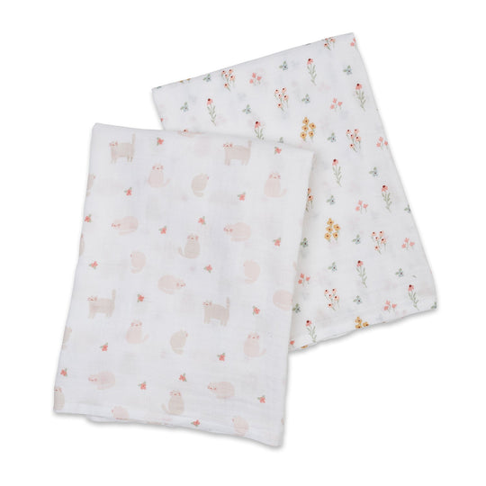 2 Pack Cotton Swaddles - Kitty Cat / Flower Field