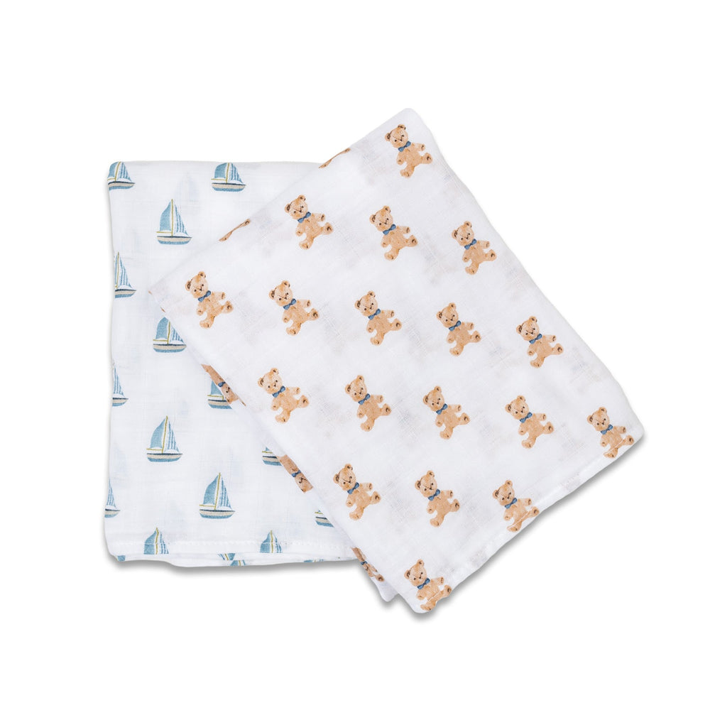 2 Pack Cotton Swaddles - Vintage Bears / Sailboat