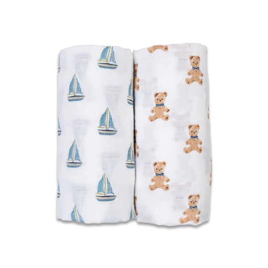 2 Pack Cotton Swaddles - Vintage Bears / Sailboat