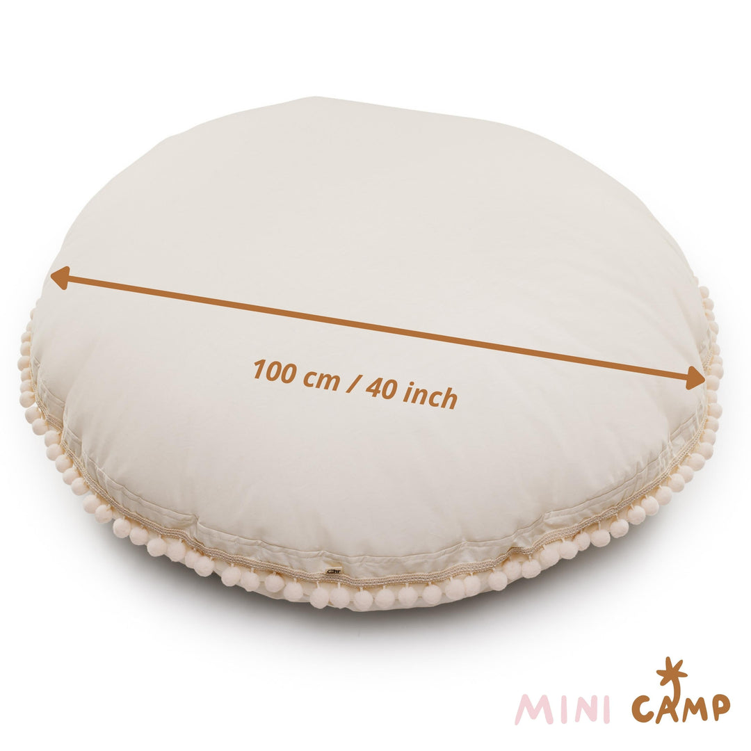 Round white cushion with measurement text showing that the diameter of the cushion is 100cm/40 inches