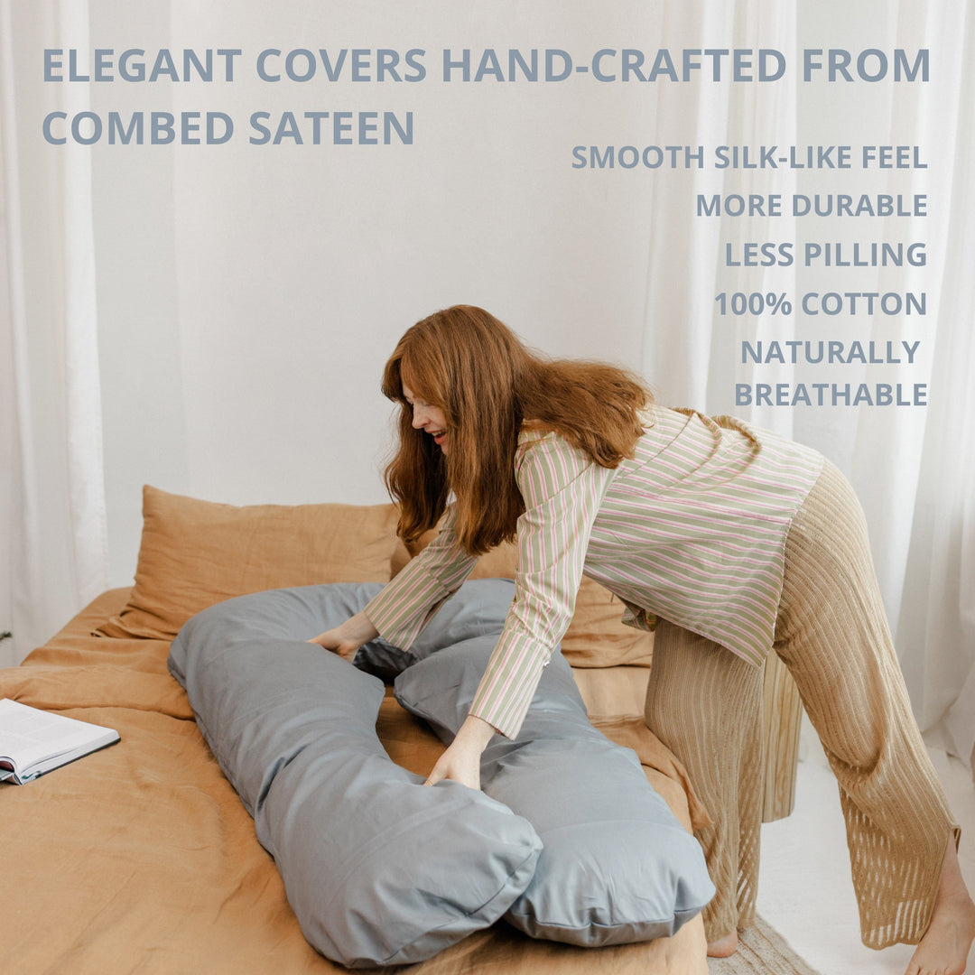 U-Shaped Pregnancy Pillow with Natural Sateen Cotton Cover in Stone Grey