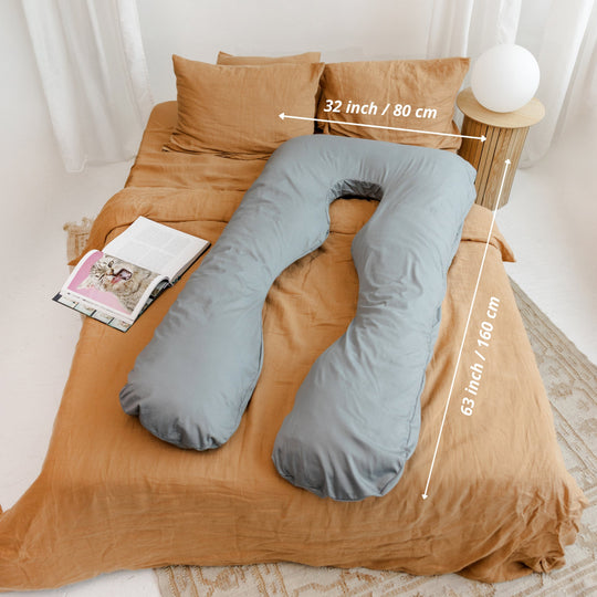 U-Shaped Pregnancy Pillow with Natural Sateen Cotton Cover in Stone Grey
