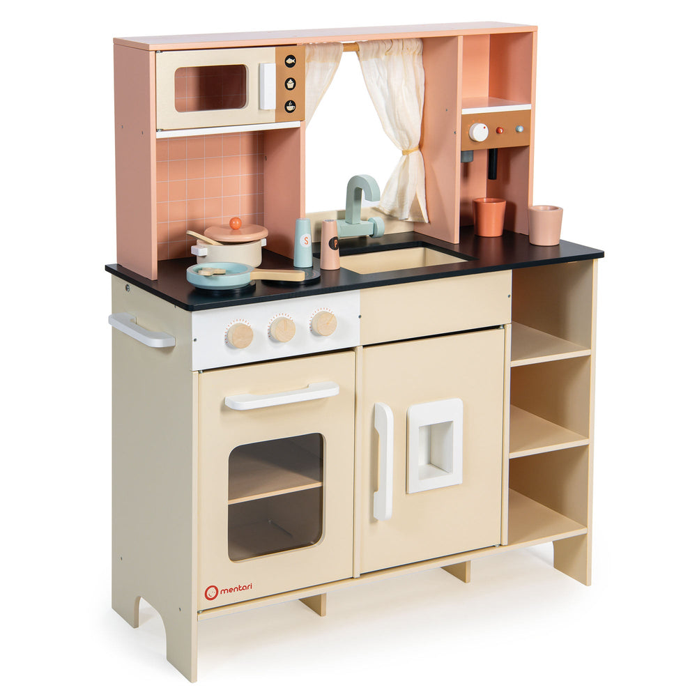 Children's wooden play kitchen set with various accessories on a white background