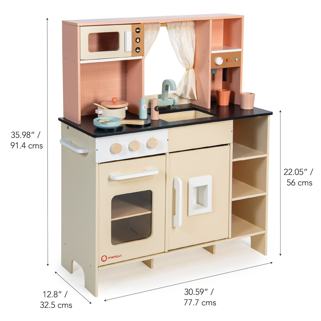 Children's wooden play kitchen set with measurements on a white background