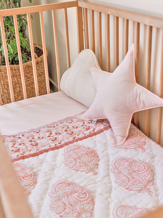 Block Printed Cotton Baby Quilt - Pink City Print