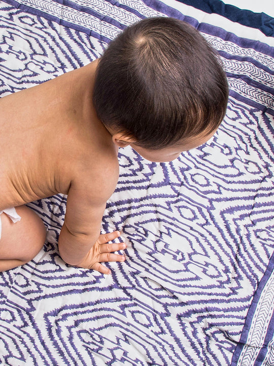 Block Printed Cotton Baby Quilt - Southside Blue Print