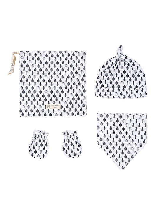 Organic Cotton Bandana Bib, Mitten & Hat Set - Fort Print