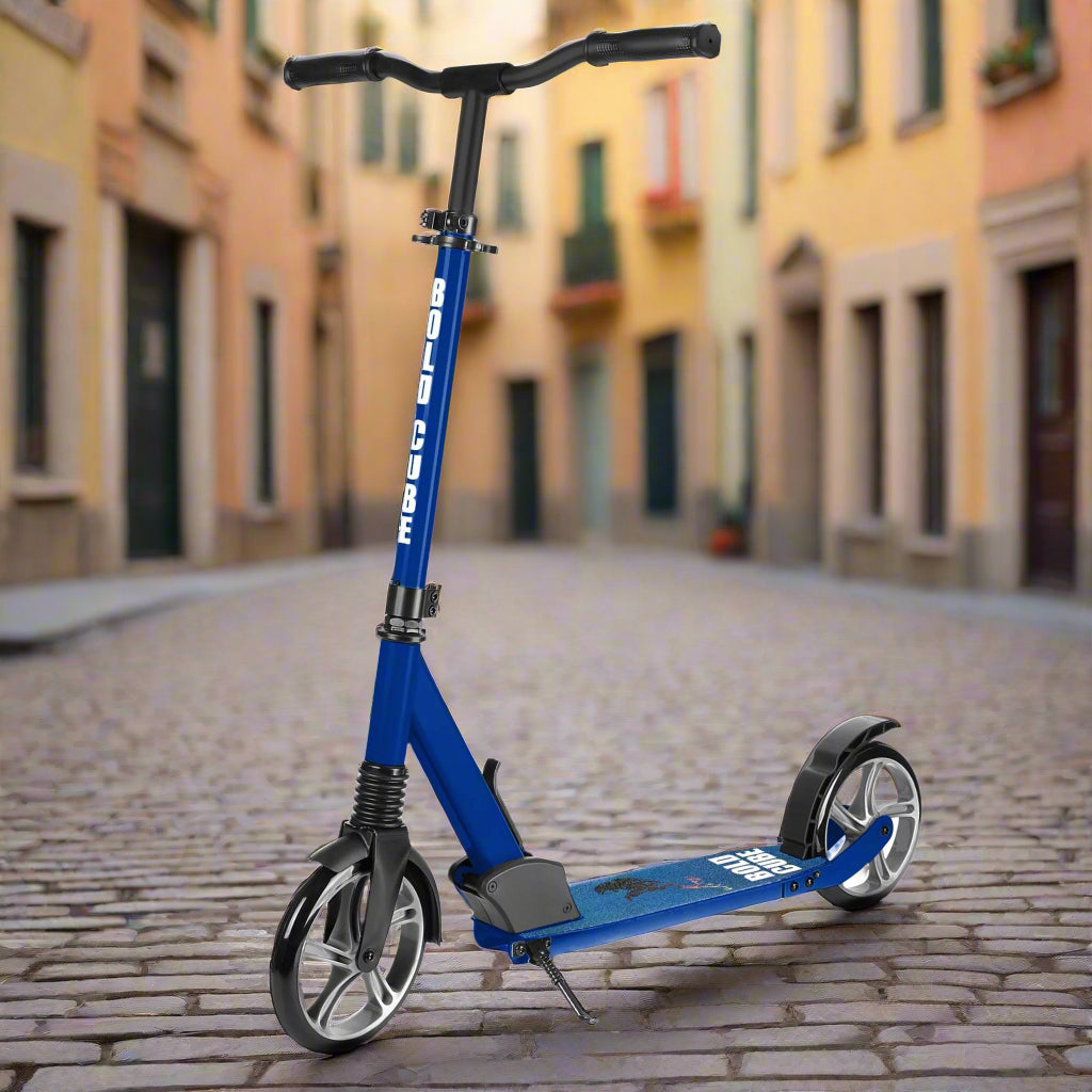 Royal blue coloured scooter with 'Bold Cube' written down the vertical bar