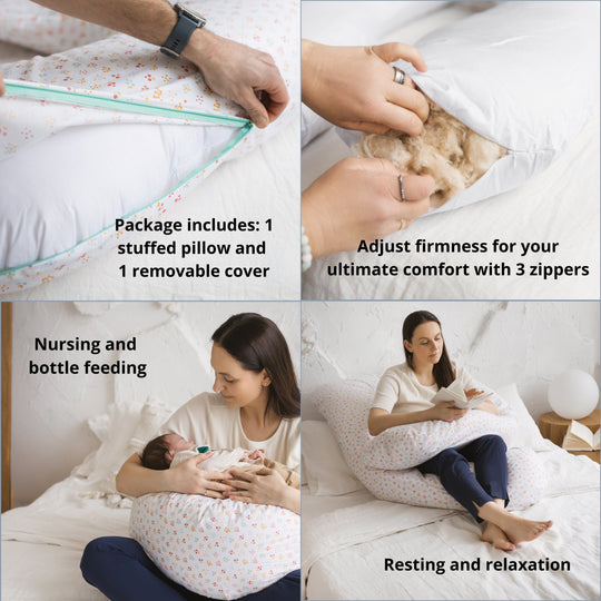 Collage of a nursing pillow with text on package contents and usage scenarios.