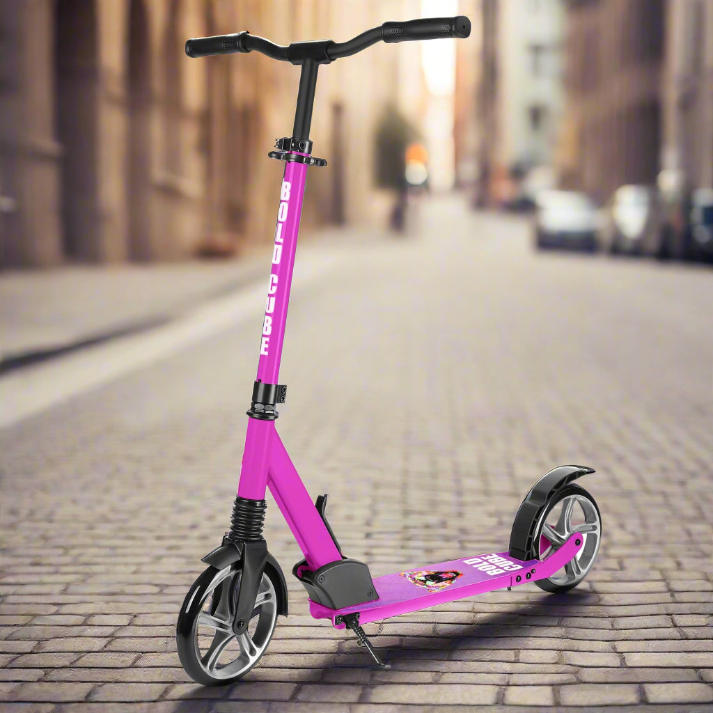 Pink scooter with 'Bold Cube' written down vertical bar