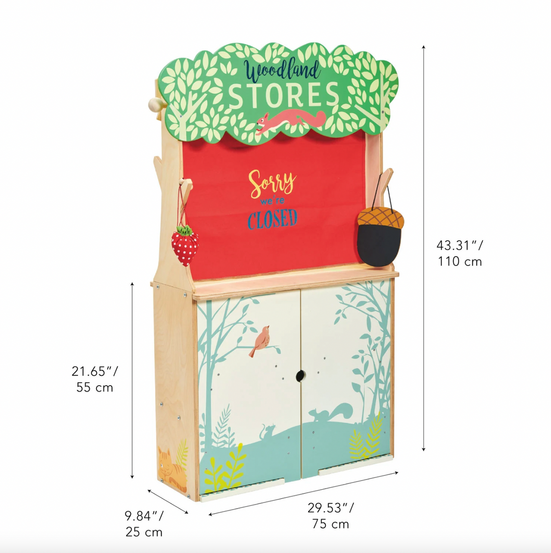 Wooden play store with a red sign and dimensions displayed