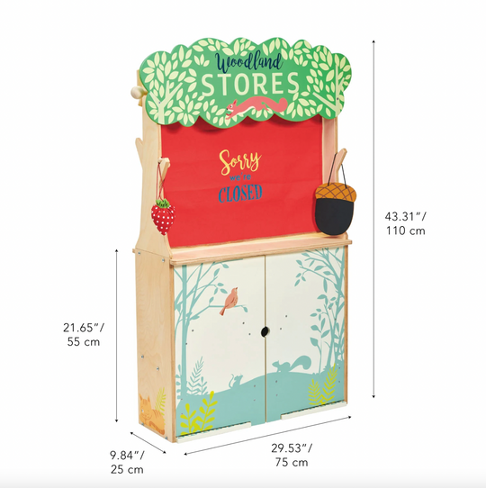 Wooden play store with a red sign and dimensions displayed