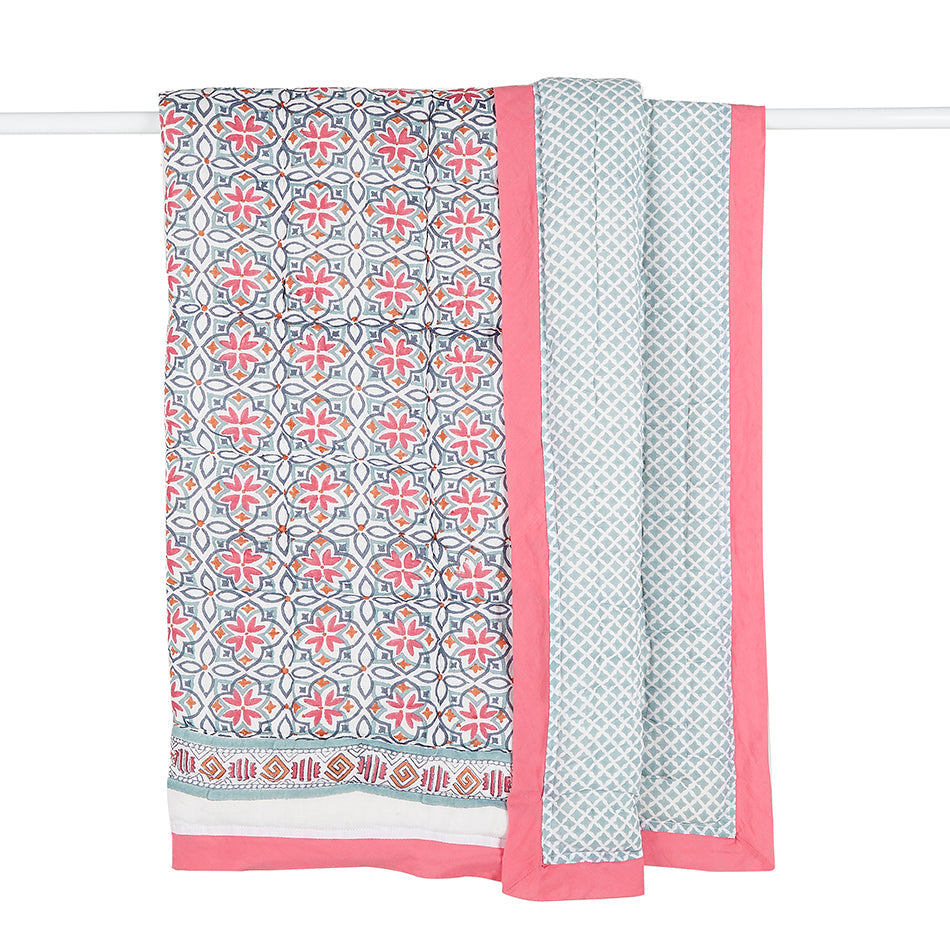 Block Printed Cotton Baby Quilt - Seminyak Pink Print