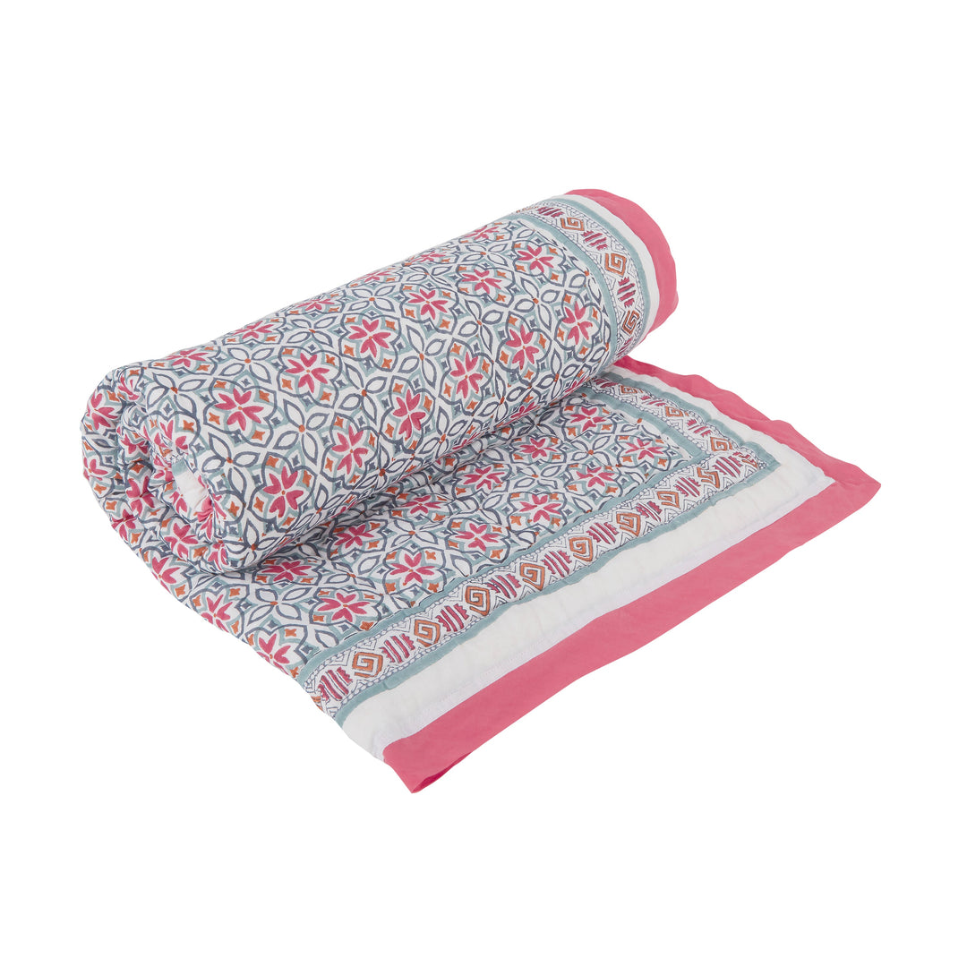 Block Printed Cotton Baby Quilt - Seminyak Pink Print