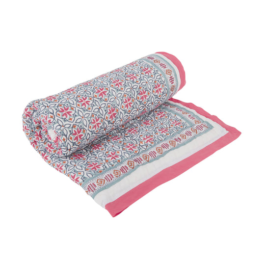 Block Printed Cotton Baby Quilt - Seminyak Pink Print