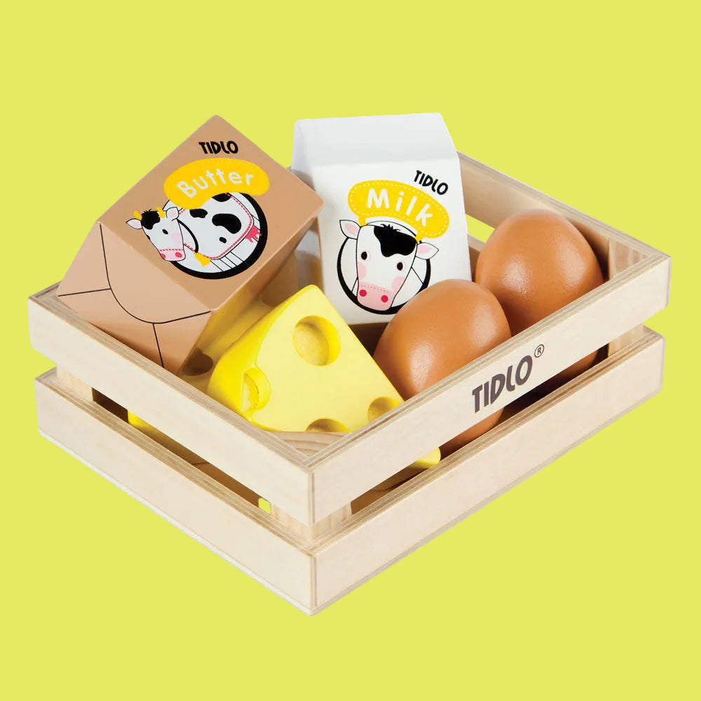 Toy food set including butter, milk, cheese, and eggs in a wooden crate with TIDLO branding.