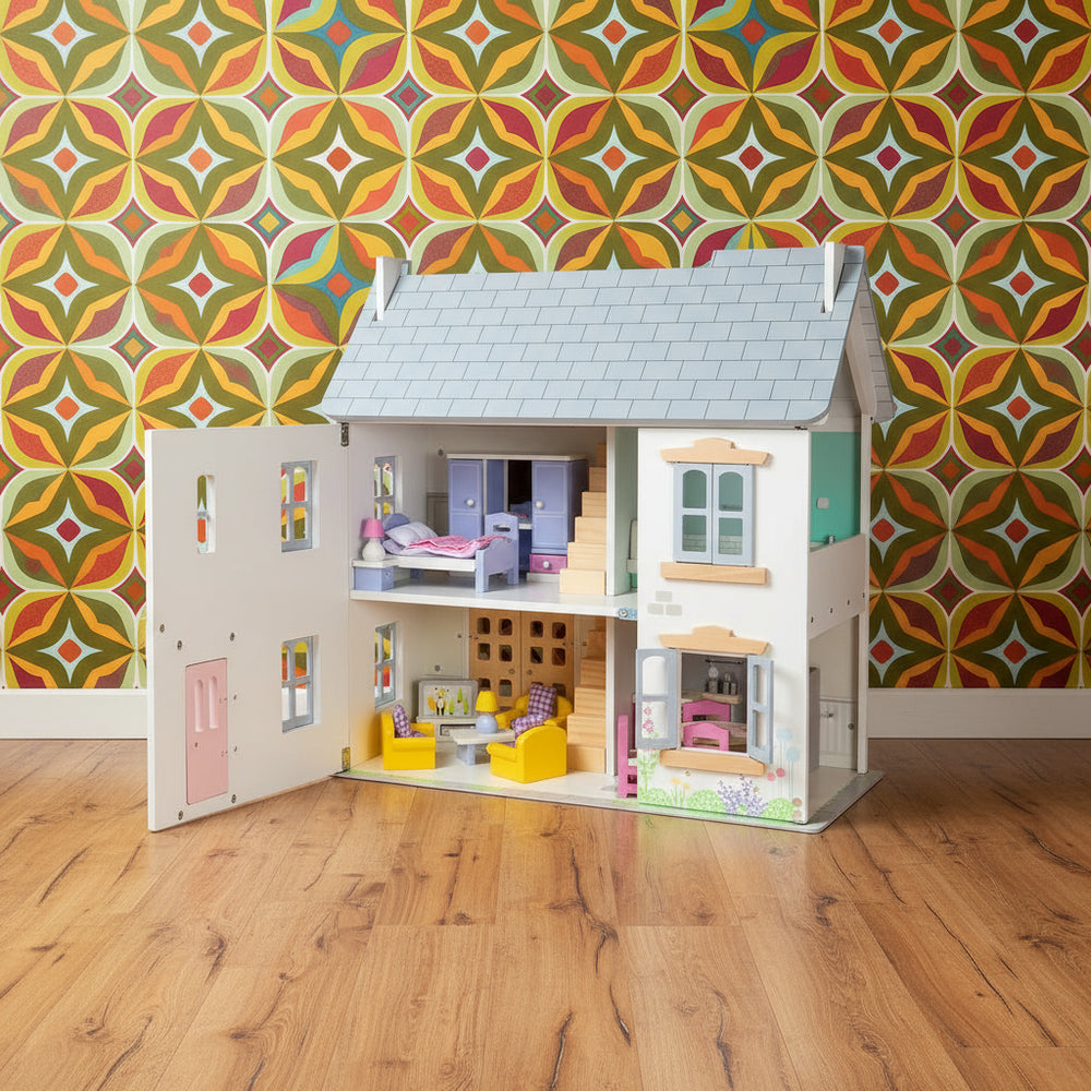 Wooden dollhouse with open doors showing interior rooms