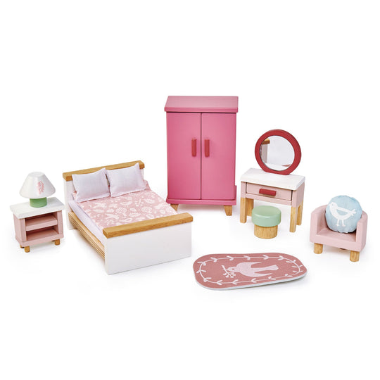 Set of bedroom furniture including a bed, wardrobe, and dresser on a white background