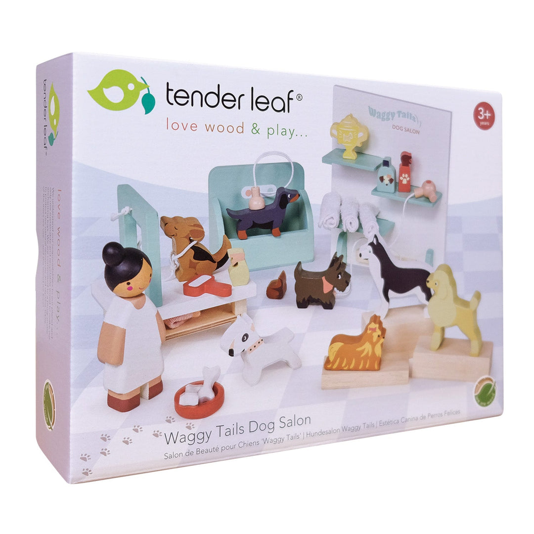 Tender Leaf Toys Waggy Tails Dog Salon packaging with wooden animal toys and a doctor figure.