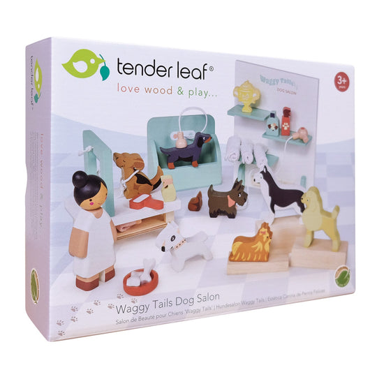 Tender Leaf Toys Waggy Tails Dog Salon packaging with wooden animal toys and a doctor figure.