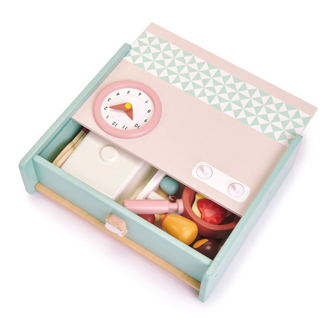 Children's toy set with geometric patterned box on a white background