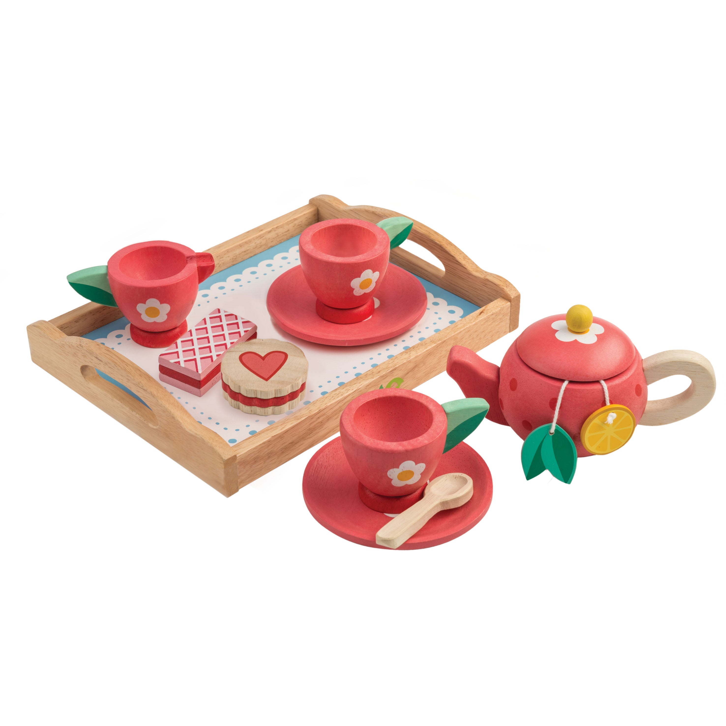 Wooden tea set with red teacups, saucers, a teapot, and tray on a white background