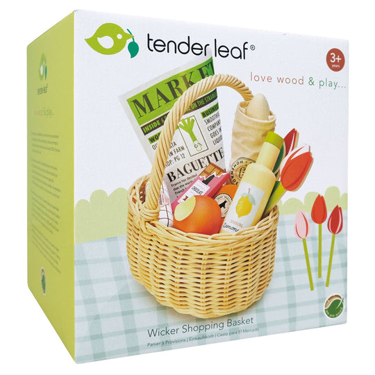 Tender Leaf wicker shopping basket toy set packaging with a basket and items on a checkered background.