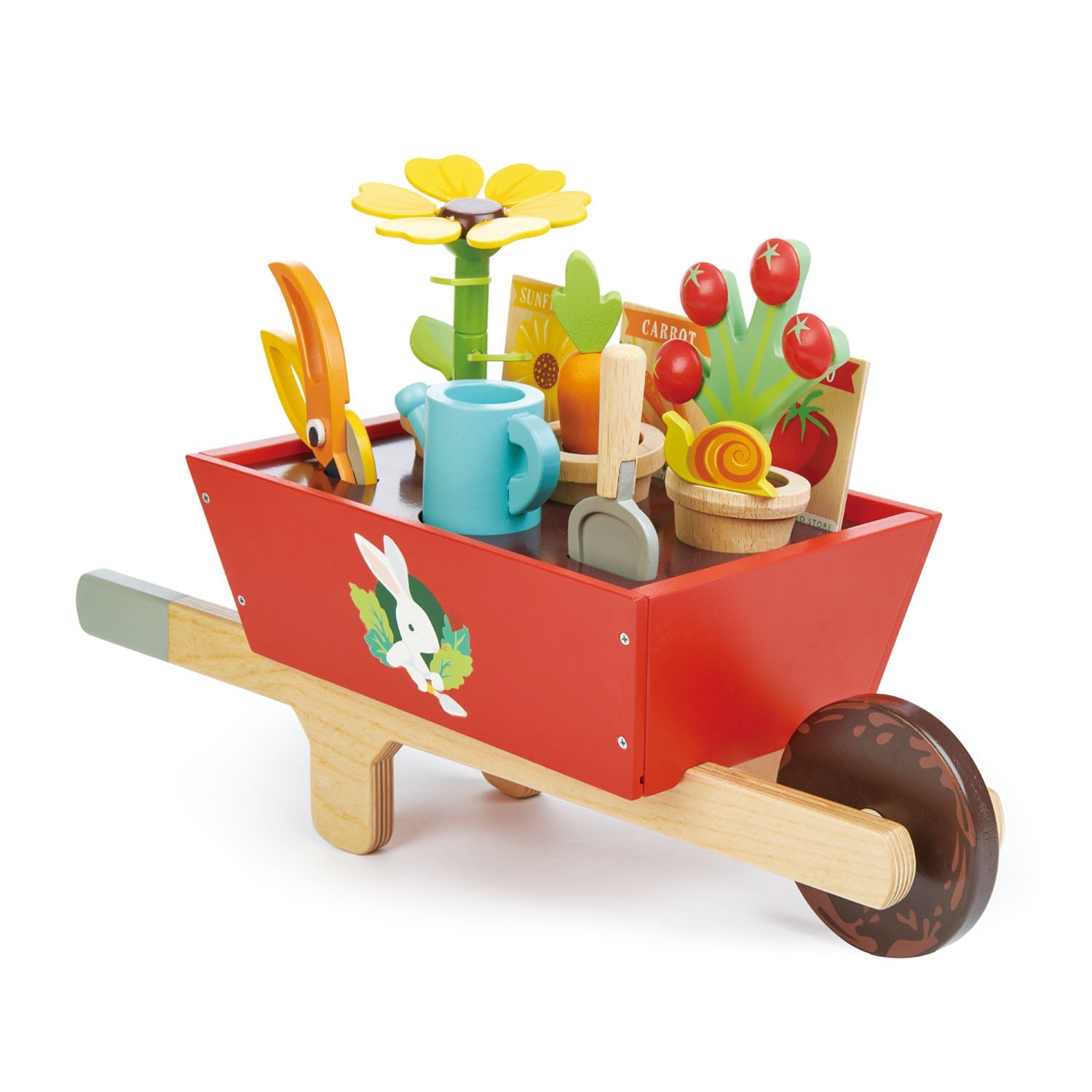 Colourful toy wheelbarrow with gardening accessories on a white background
