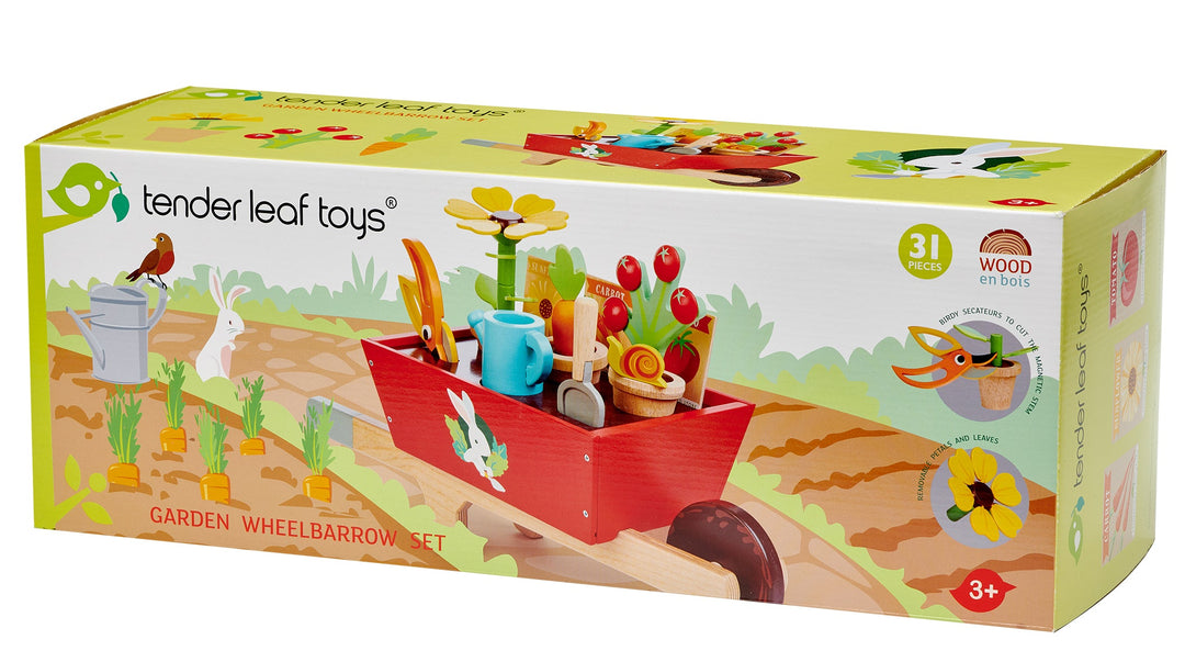 Tender Leaf Toys Garden Wheelbarrow Set packaging with toys and tools on a garden background