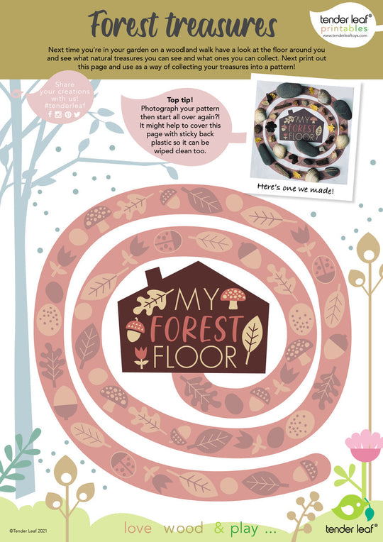 Children's activity sheet titled 'My Forest Floor' with a pattern and text instructions.