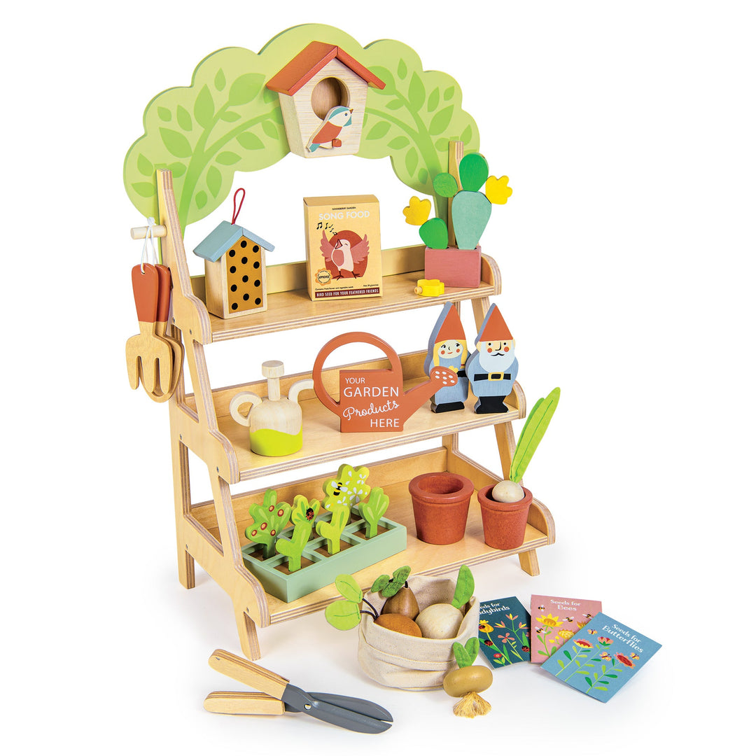 Wooden gardening set with shelves, plants, tools, and accessories on a white background