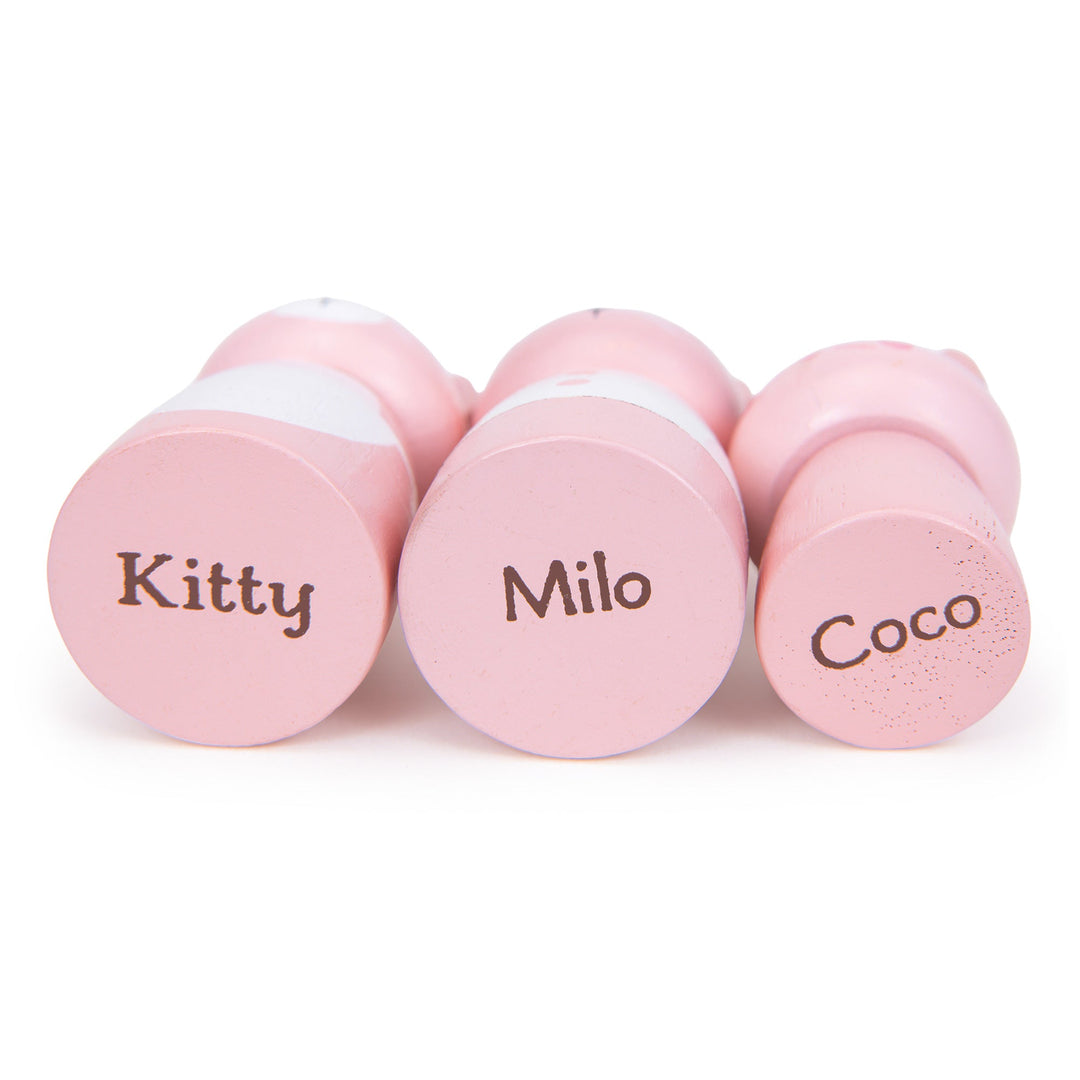 The underside of three pink cat figures with names 'Kitty', 'Milo', and 'Coco' on a white background