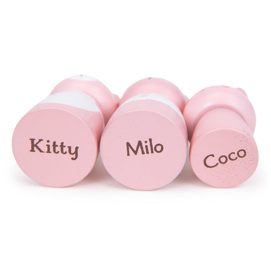 The underside of three pink cat figures with names 'Kitty', 'Milo', and 'Coco' on a white background