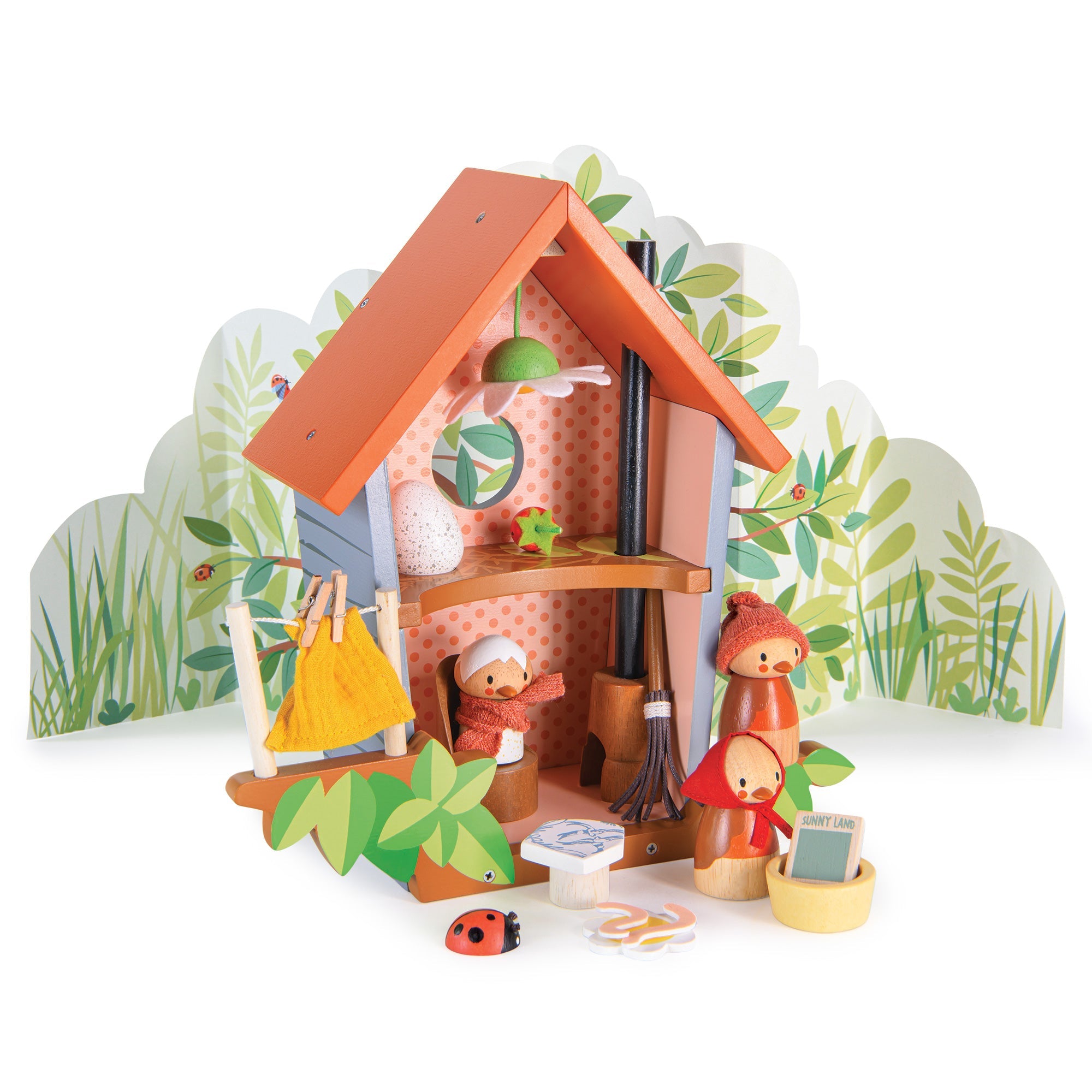 Toy playset with a small bird house, bird characters and accessories on a white background